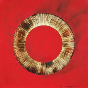 Bernard AUBERTIN (1934-2015)   Dessin de feu sur table rouge, 2006. Combustion d'allumettes sur panneau peint. Signé et daté en bas vers la droite.