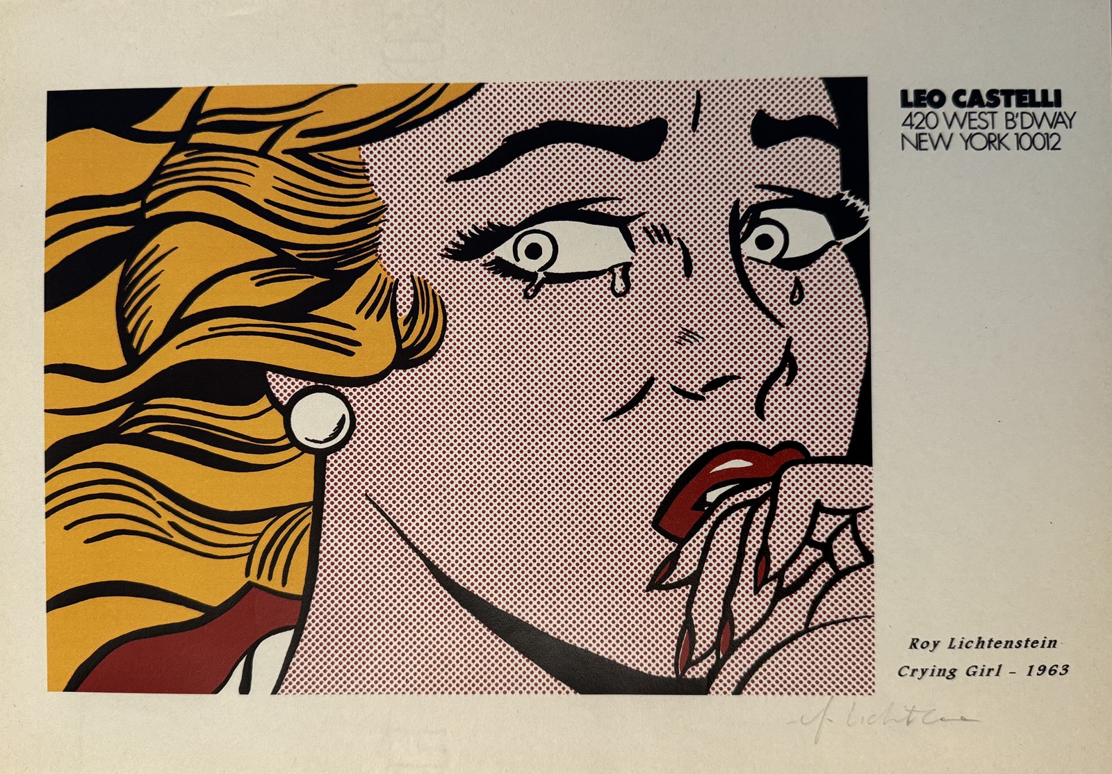 Roy LICHTENSTEIN (1923-1997), d'après. Crying Girl .1963. Sérigraphie offset sur un papier à entête de la galerie Leo Castelli, New York. Signé en bas à droite. Porte au dos le cachet de l'éditeur R.L Prints et le numéro AP 3/10.