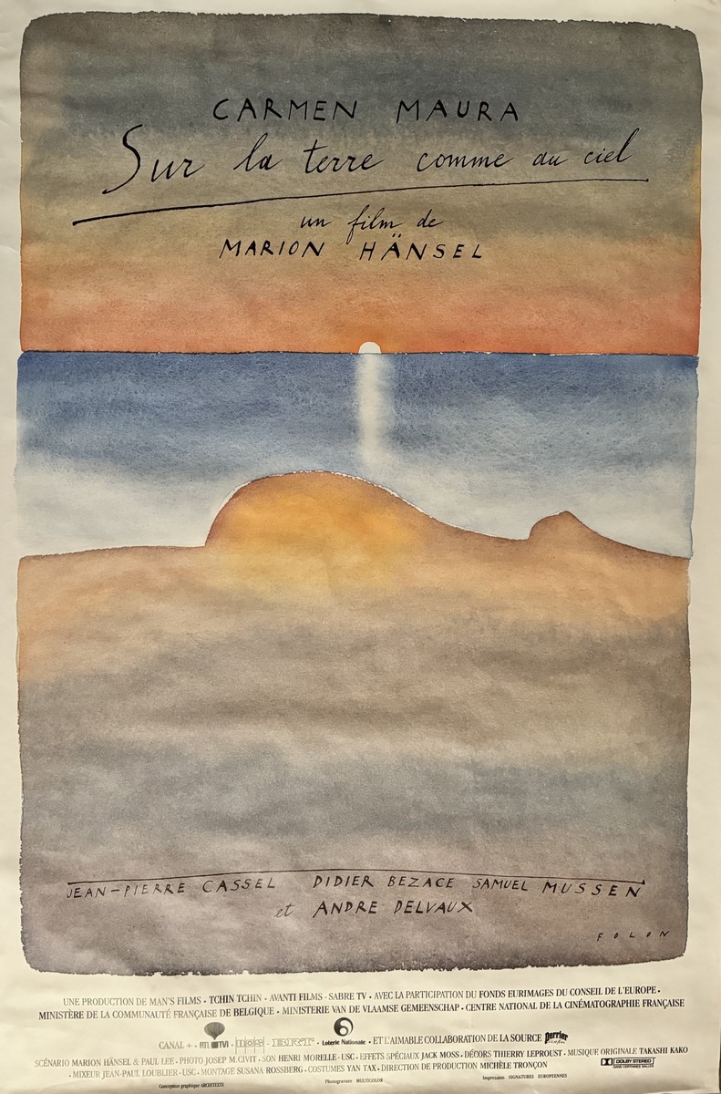 Jean-Michel FOLON (1934-2005), d’Après. Affiche illustrée par Folon pour le film « Sur la terre comme au ciel » par Marion Hänsel avec Carmen Maura.1992.