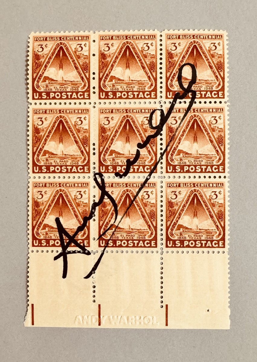 Andy WARHOL (1928-1987), D’après. Sans titre. Marqueur noir sur planche de timbres de 3 cents United States Postage 1848-1948.
