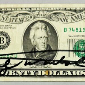 Andy WARHOL (1928-1987), Attribué à. Billet de 20 dollars Américain.   Signé « Andy Warhol » au marqueur et porte un dessin au marqueur.