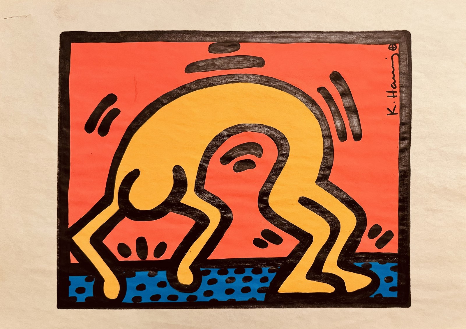 Keith HARING (1958-1990), Attribué à. Personnage sur fond orange.