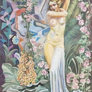 Raphaël DELORME (1885-1962)  Femme nue debout dans un décor floral.