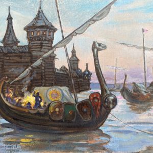 Ivan Silych GORIUSHKIN-SOROKOPUDOV (1873-1954), Attribué à.  Bateau-dragon devant une ville portuaire fortifiée et bateaux d’ancrage, circa 1917.