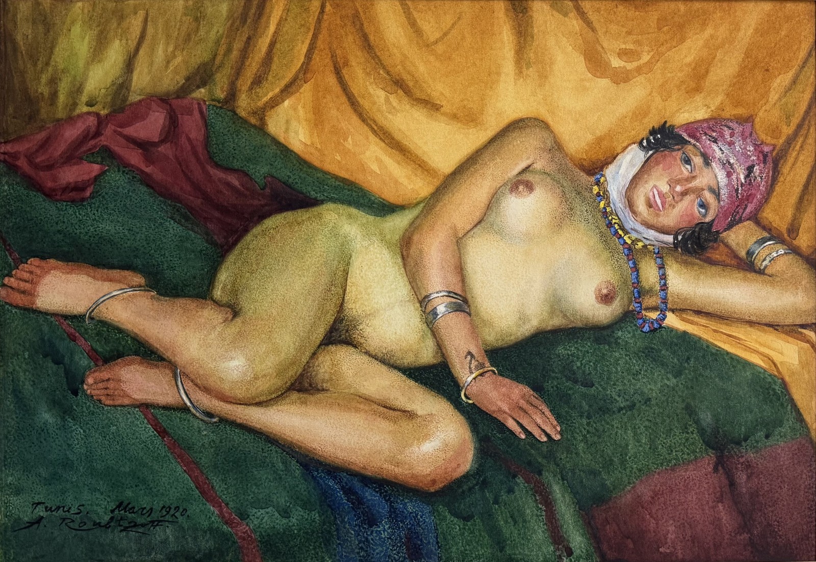 Alexandre ROUBTZOFF (1884-1949), Attribué à Nu allongé.1920. Aquarelle et rehauts de gouache sur papier.