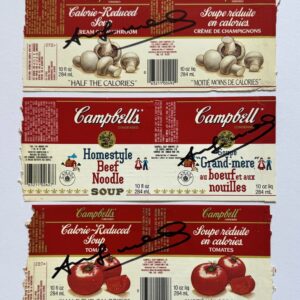 Andy WARHOL (1928-1987), D’Après.  Trois étiquettes éditées pour Campbell Soup. Signés au marqueur. Cachet de la signature au dos.