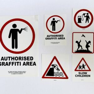 BANKSY (Né en 1974), D'APRÈS.  Ensemble de 6 stickers dont 2 édités sur papier Fasson.
