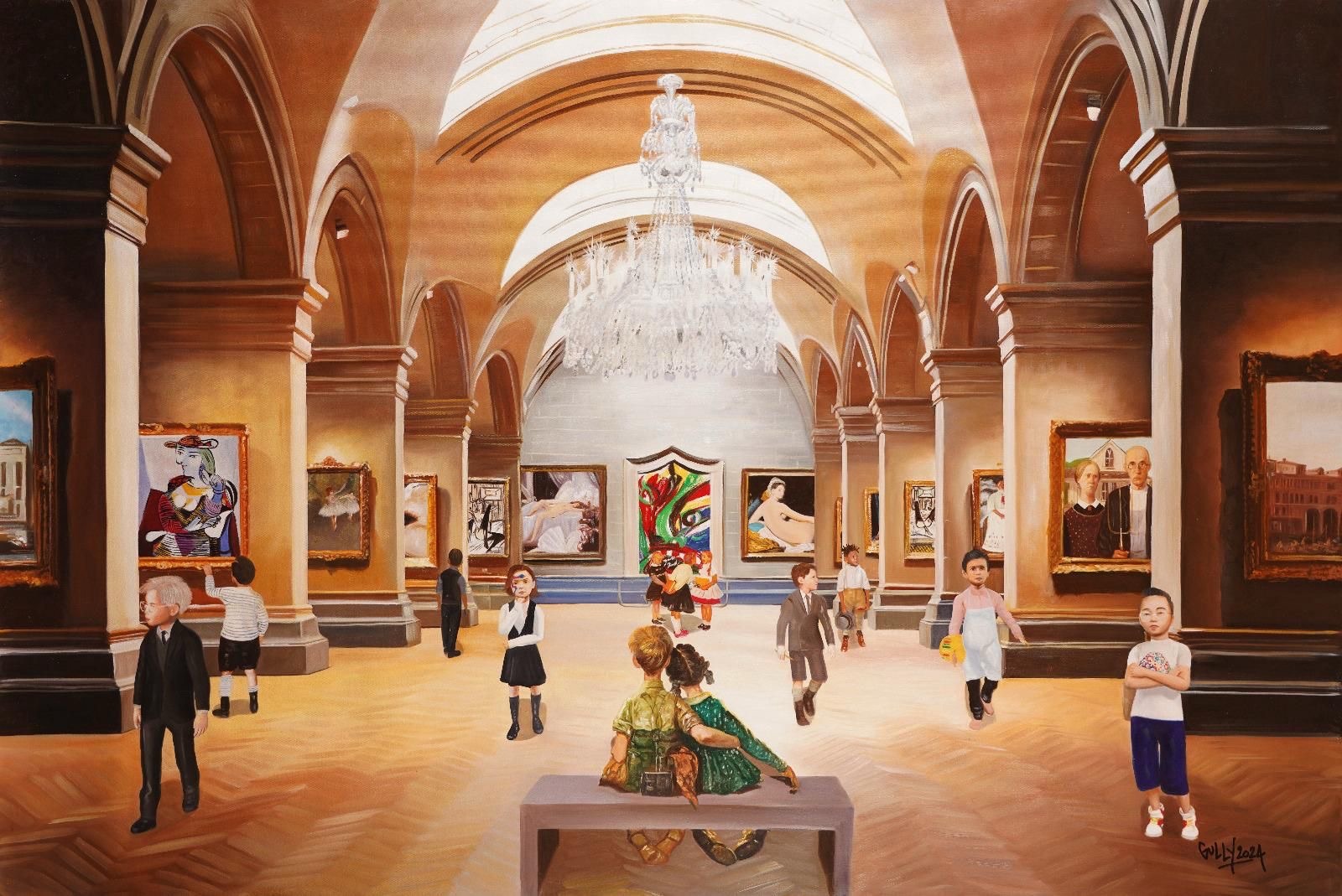 GULLY (Né en 1977) Andy, Pablo, Yves, Niki, Vincent , Jean-Michel, , Fernando, Takashi and the Children meet Canaletto, Picasso, Degas, Courbet , Buffet Gervex, Lindström, Ingres, Kahlo and Wood 5 ,2024.