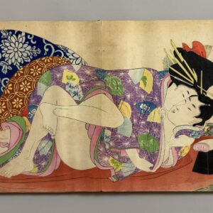 JAPON, ERE MEIJI (1868-1912). Album d’estampes érotiques (Shunga) en couleur, avec douze scènes différentes. Pages sans doute manquante remplacées,