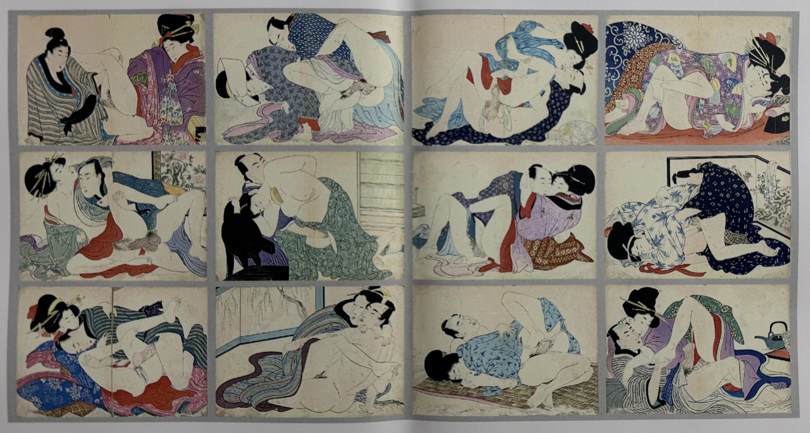 JAPON, ERE MEIJI (1868-1912). Album d’estampes érotiques (Shunga) en couleur, avec douze scènes différentes. Pages sans doute manquante remplacées, – Image 6