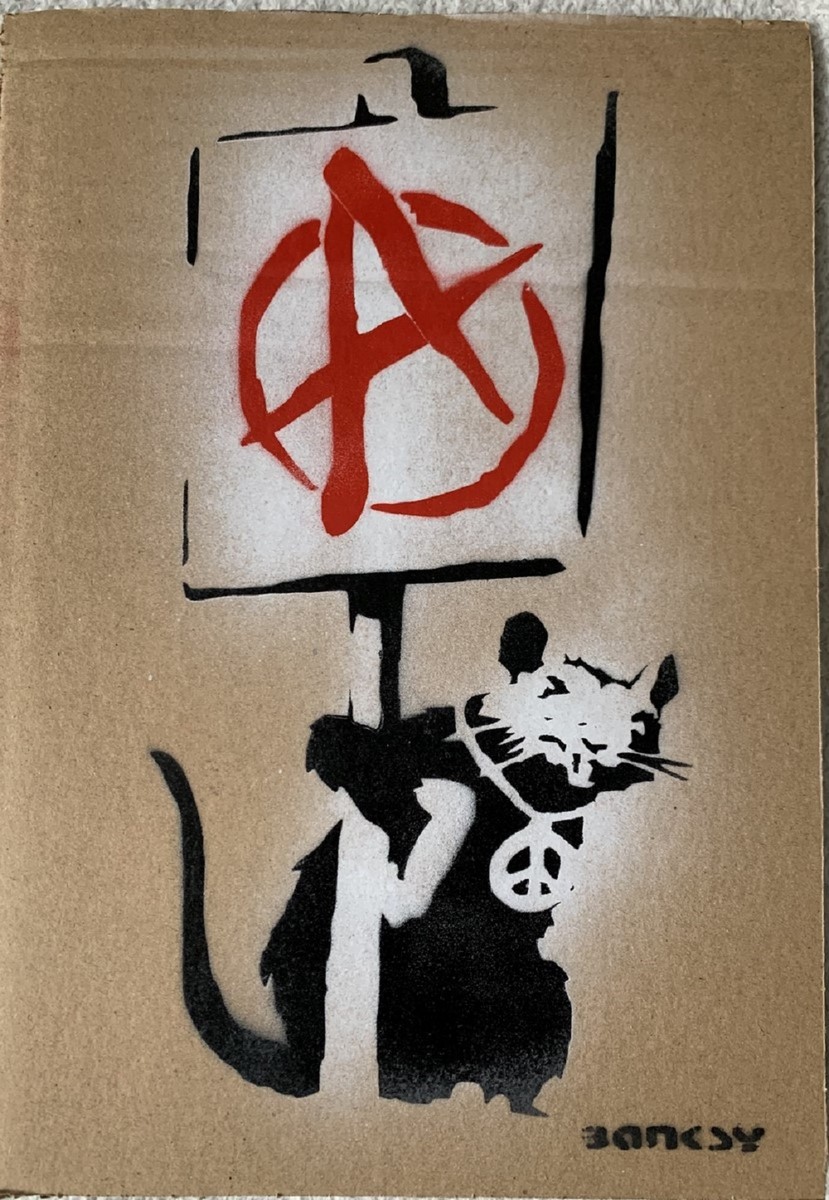 Banksy, Spray paint and stencil on cardboard, signed and numbered 50  copies.