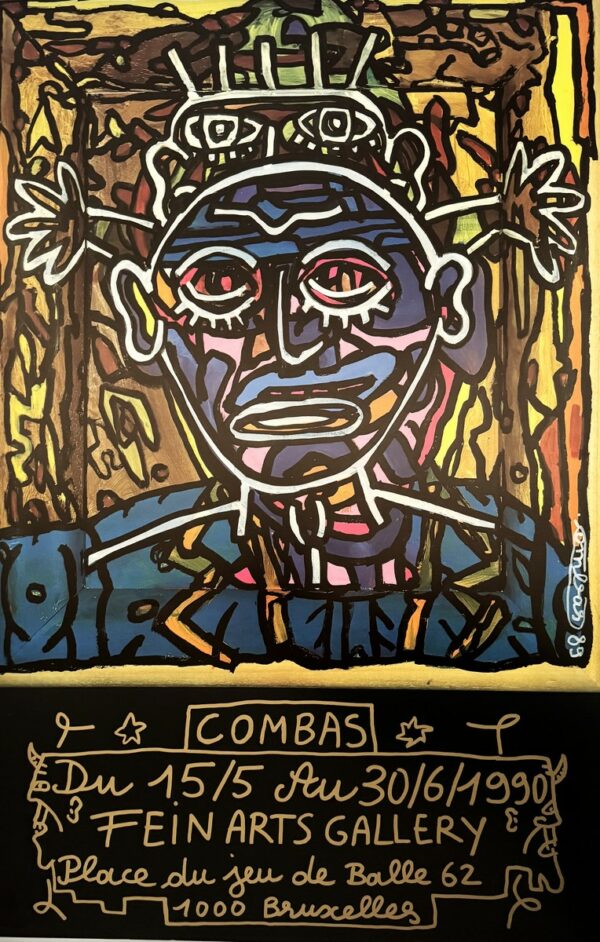 Robert COMBAS (Né en 1957), d’Après .  Affiche pour l’exposition Fein Arts Gallery du 15.05 au 30.06.1990 , Bruxelles, place du jeux de Balle.