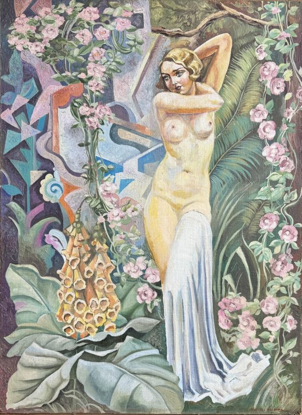 Raphaël DELORME (1885-1962)  Femme nue debout dans un décor floral.