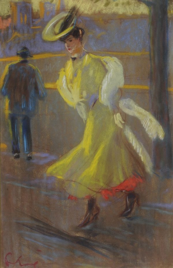 Louis FORTUNEY (1878-1950)  Elégante à la robe jaune, circa 1915.