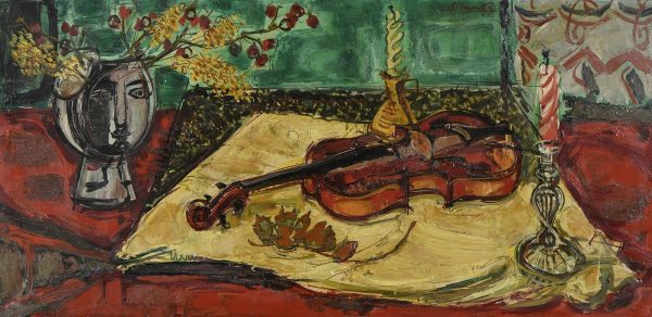 Georges SIMONKA (1916-2001)  Nature morte au violon,1960.